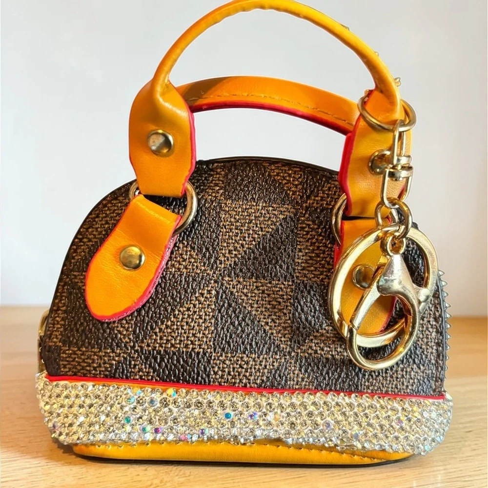 Designer Inspired Mini Top-Handle‎ Keychain Bag Charm in Brown and Yellow